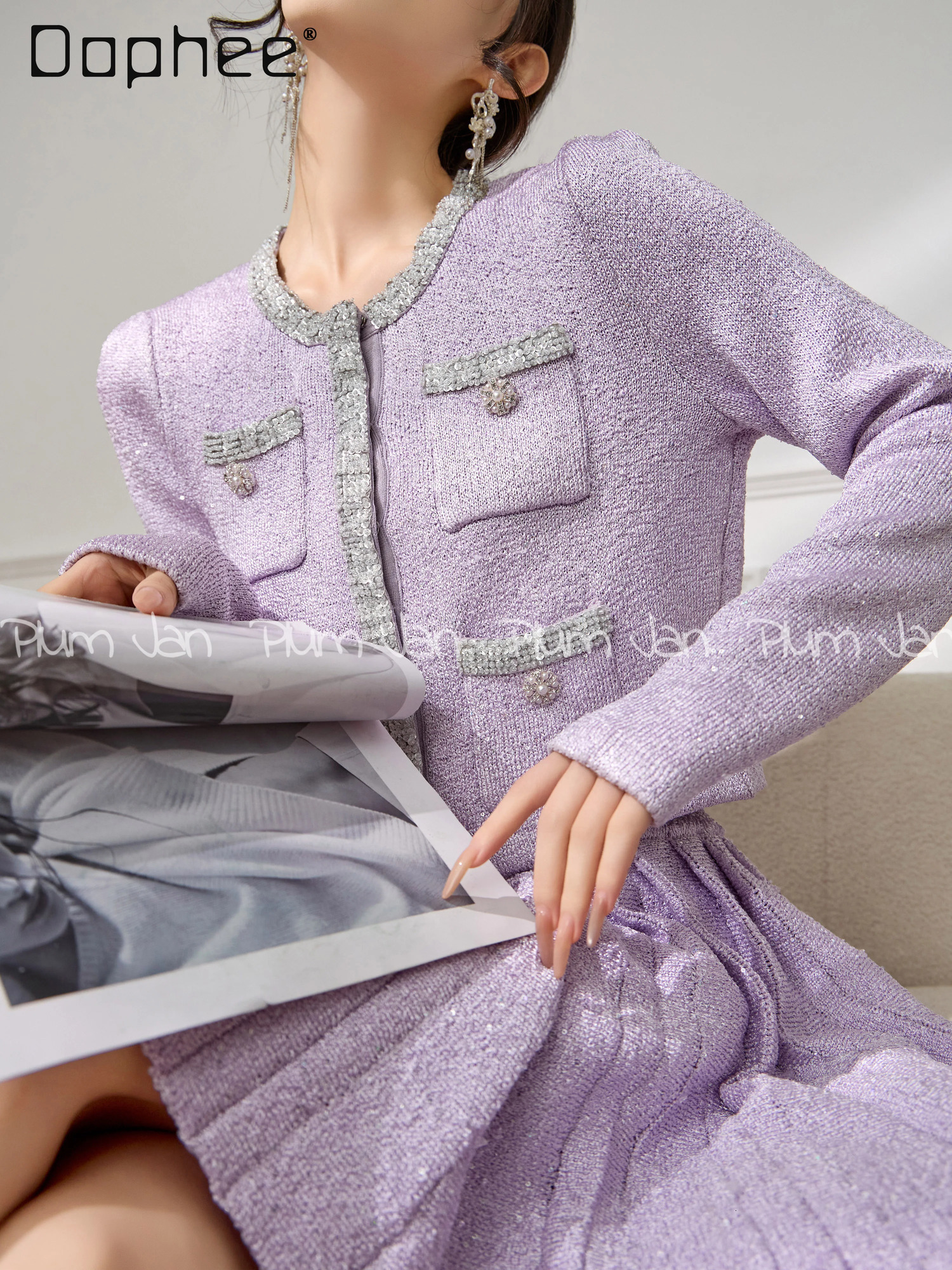 French Elegant Socialite Tweed Sets Heavy Beading Rhinestone Round Neck Long Sleeve Short Cardigan Pleated Skirt Two-Piece Set 251105