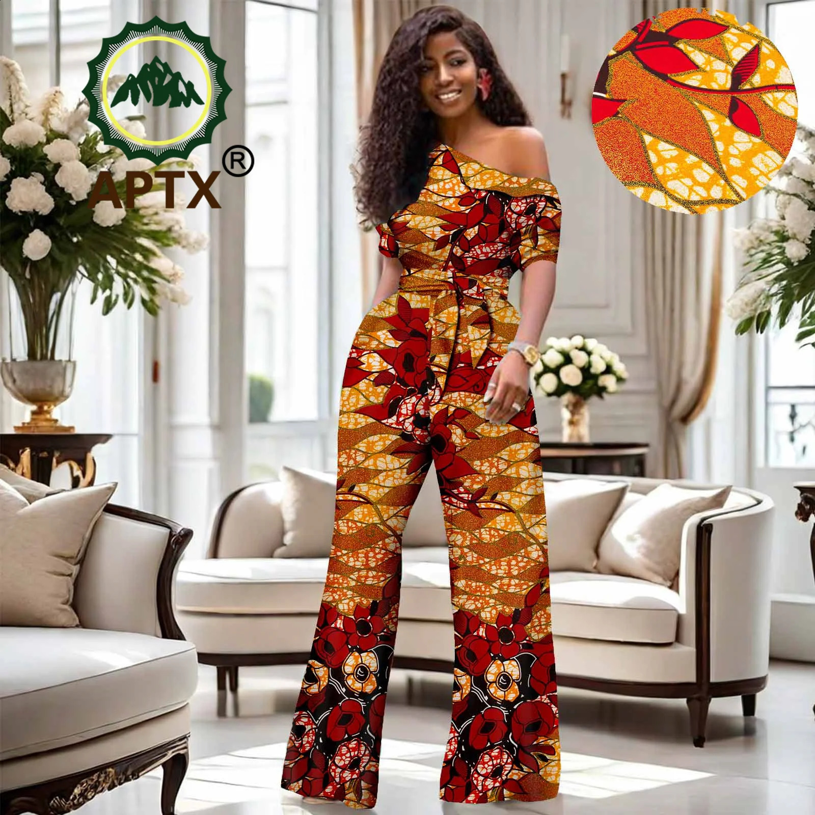African Womens Dashiki Printed Skull Neck High Waist Cotton jumpsuit Fashion One Piece Set 250411