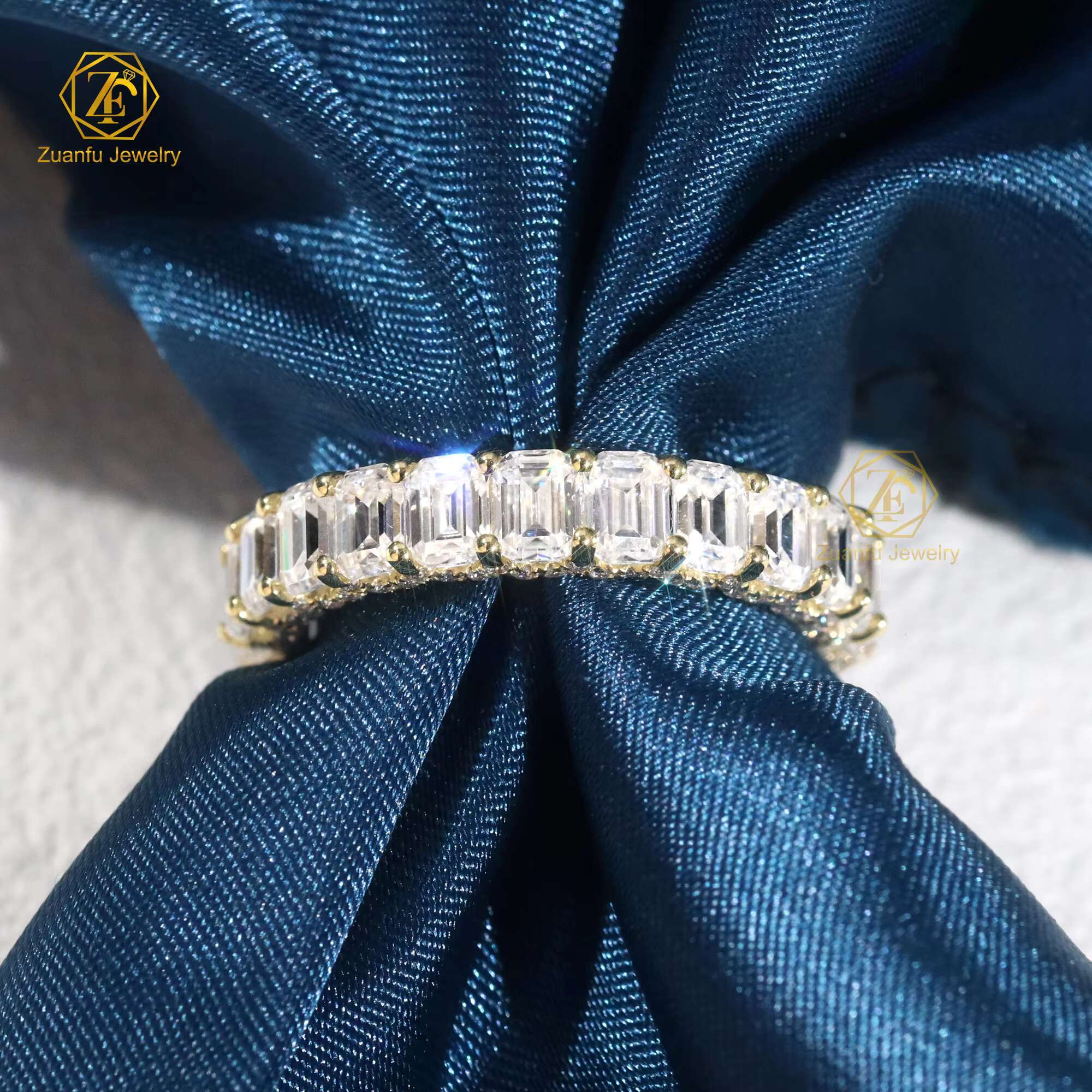 Fine Jewelry Women 14K Yellow Gold 3x4mm Emerald Cut Eternity Rings Moissanite Diamond Ring
