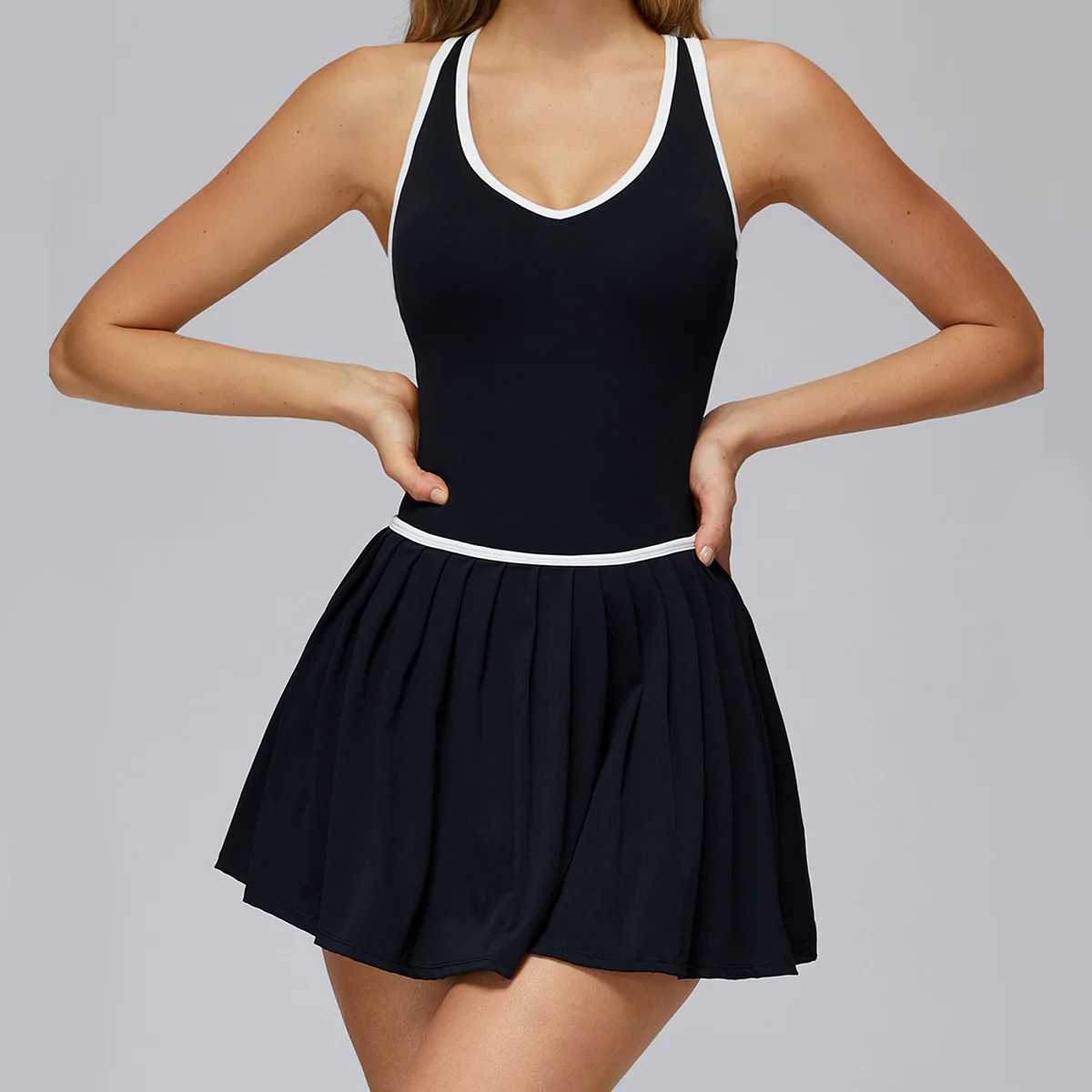 Women Fitness Yoga Dress One-piece Tennis Dress V Neck Racerback Built in Bra with Inner Separate Shorts Pockets Sports Dress J251112