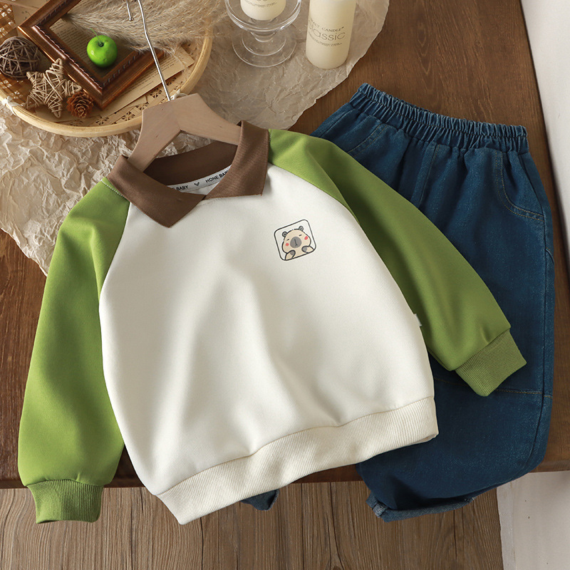 Ddmyshoesvip New Boys Lapel Children S Trendy Casual Contrasting Color Pullover Hoodie Girls Inner Outfit
