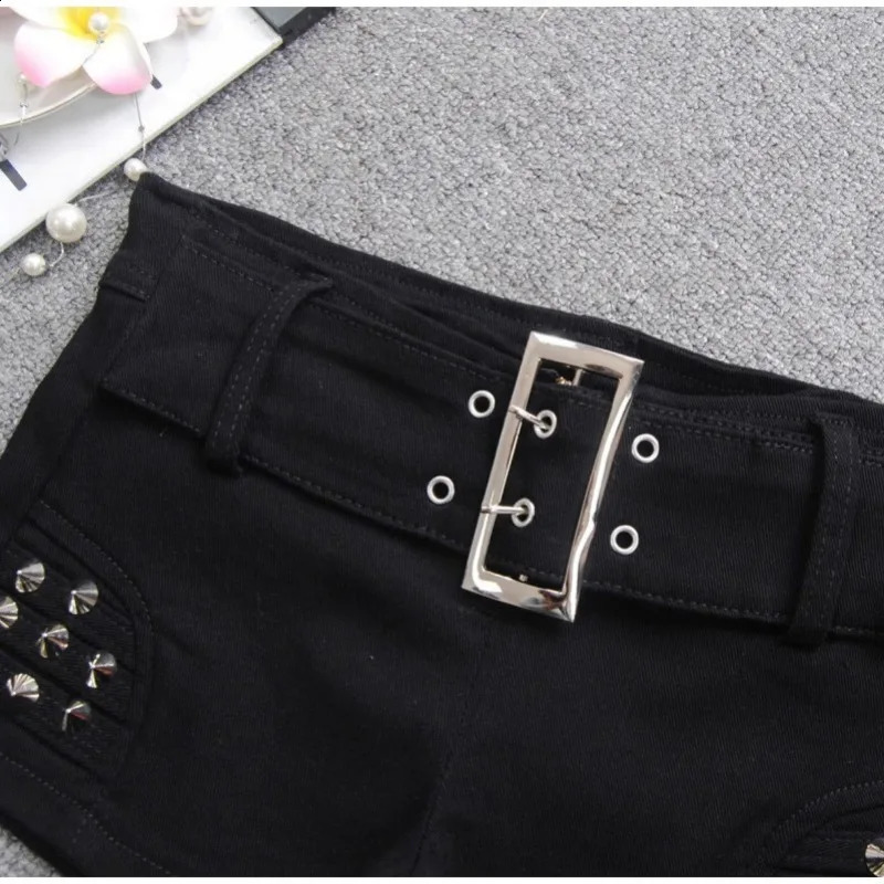 Denim Shorts Women Low-waisted Black Slim Fit Sexy Girls Rivet Belt Unique All-match Nightclub Bodycon Summer Y2k 250409