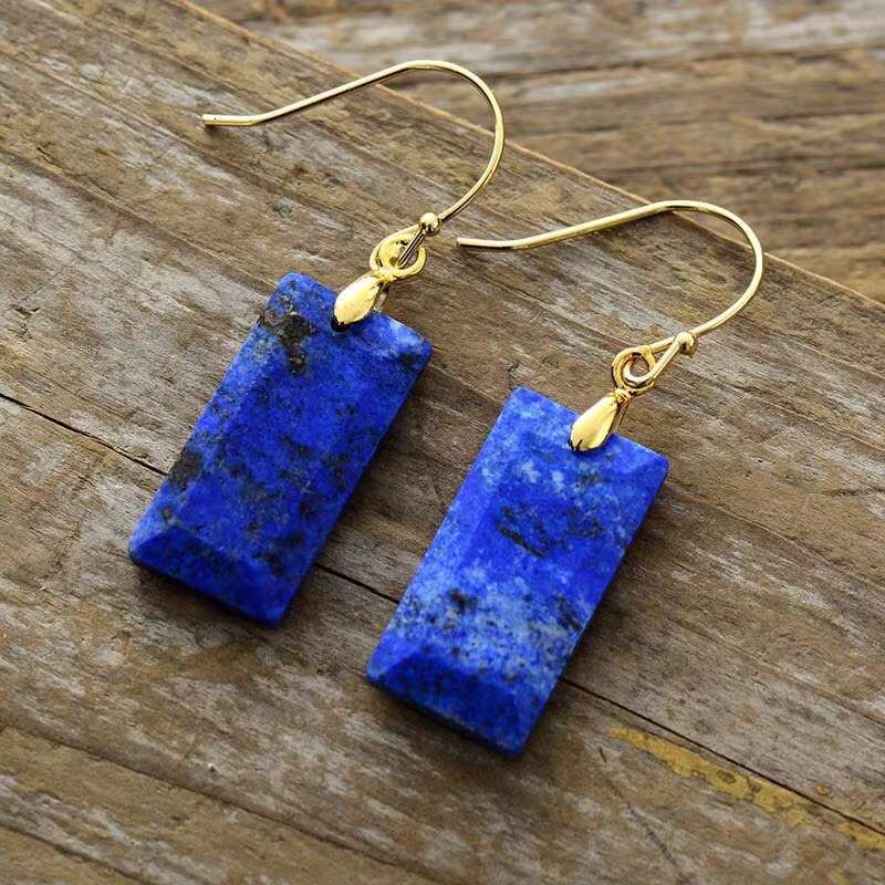 Natural Crystal Square Gemstone Dangle Gold Plated Needle Imperial Jasper Stone Drop Earrings