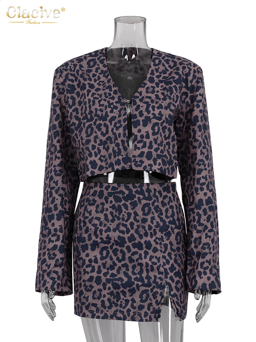 Clacive Fashion Loose Leopard Print Skirts Sets For Women 2 Pieces 2025 Sexy Long Sleeve Crop Top With High Waist Mini Skirt Set 250411