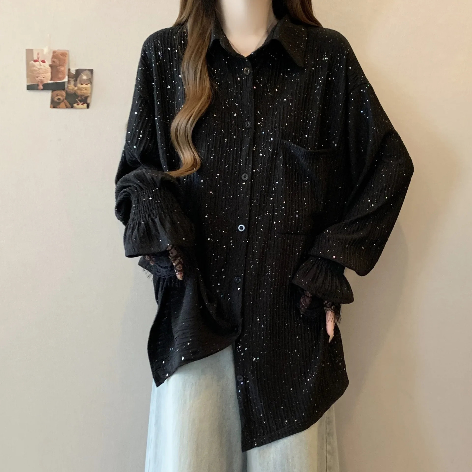 Black Long Sleeve Glitter Top Womens Spring Plus Size Loose Fit Medium Length Top Shiny Fabric Shirt Womens Clothing 250411