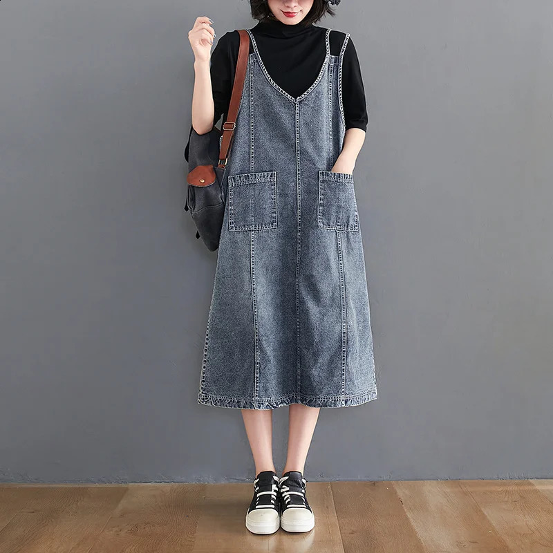 #2114 Spring Summer Blue Denim Overalls Dress Women Sleeveless Spaghetti Strap Dress Front Pockets Casual Vintage Dress V Neck 250411