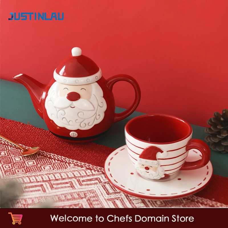 Christmas JUSTINLAU Santa Claus Ceramic Coffee Cup Saucer Teapot Creative Relief Afternoon Tea Cup and Saucer Teaware Set Christmas Gift Y251112