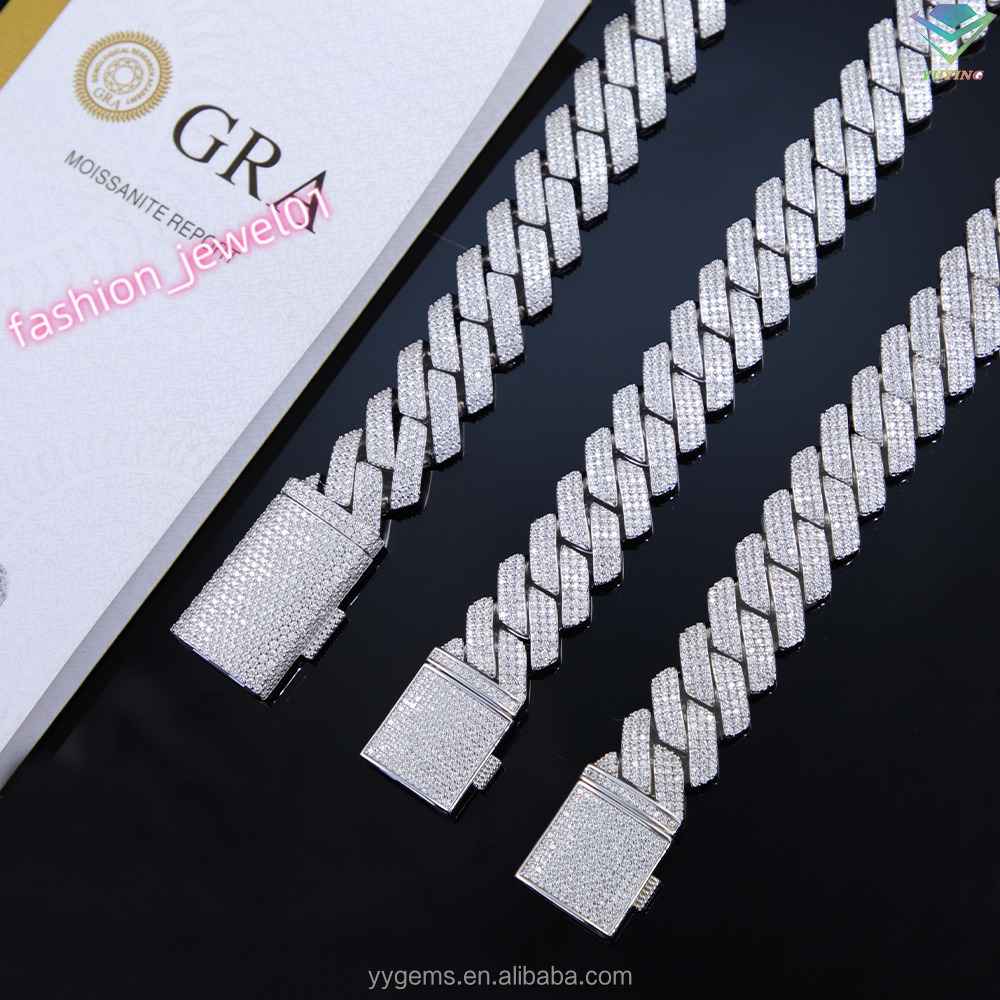 Hot-sale 3row Vvs Diamond Cuban Chain Real 925 Silver Gold Plated Fine Jewelry Necklaces Bracelet with GRA Moissanite Hiphop
