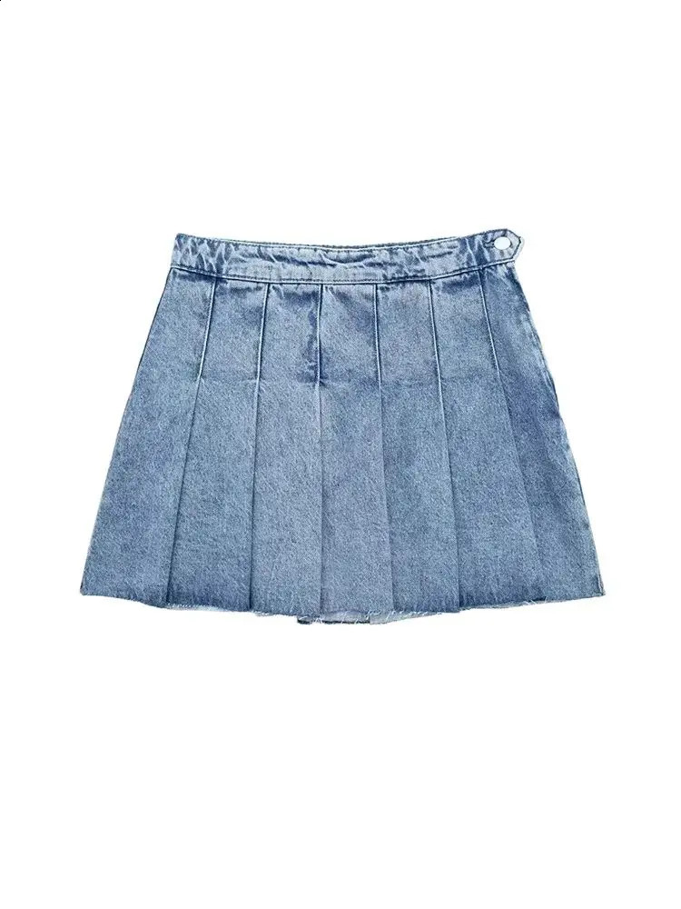 TRZA Women Fashion Wide Pleated Denim Mini Skirt Vintage High Waist Side Zipper Female Skirts Mujer 250407
