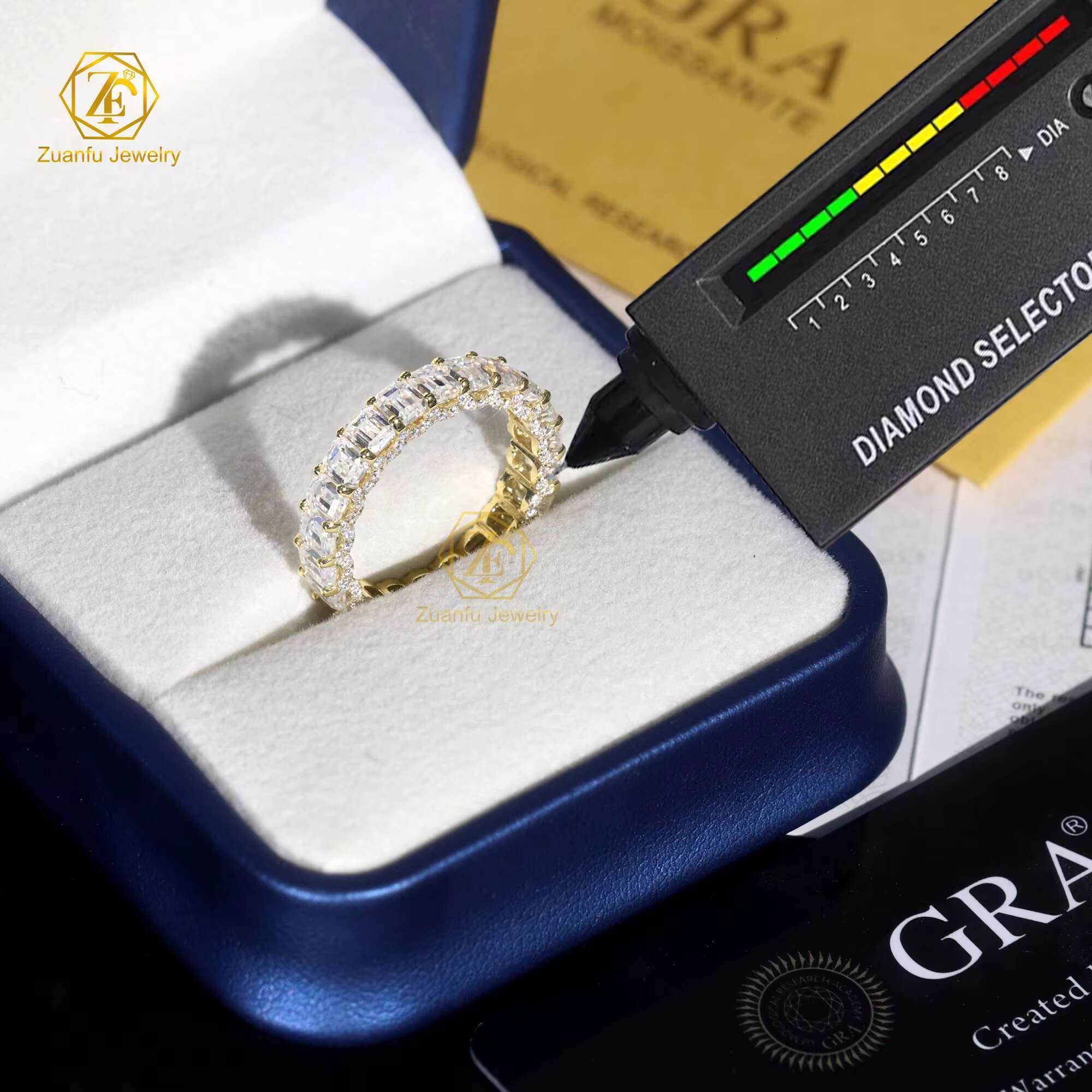 Full Eternity Emerald Band 3x4mm with 5carat Radiant Diamond Ring 14K White Gold Moissanite Diamond Ring