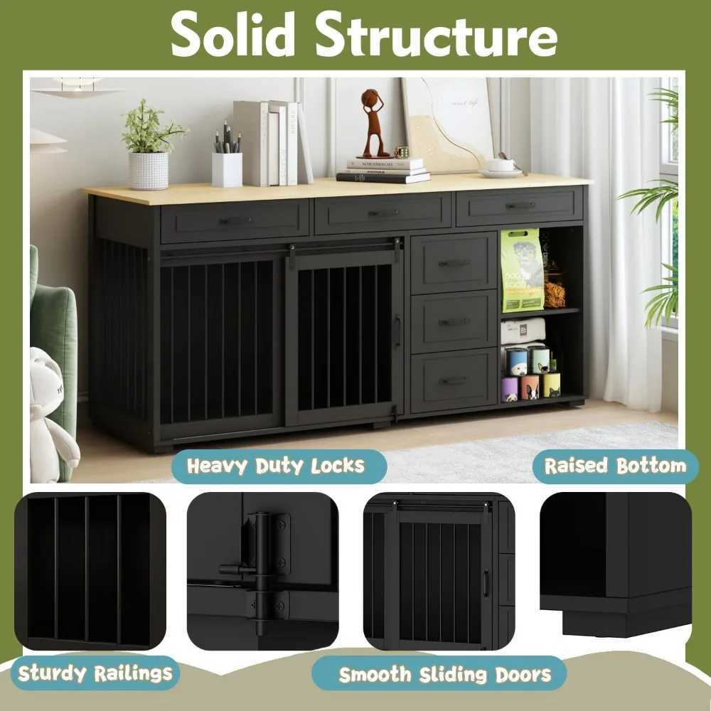 Dog box with storage function 72.4-inch wooden heavy-duty dog shelter table furniture with drawers and shelves indoor dog house TV X250412