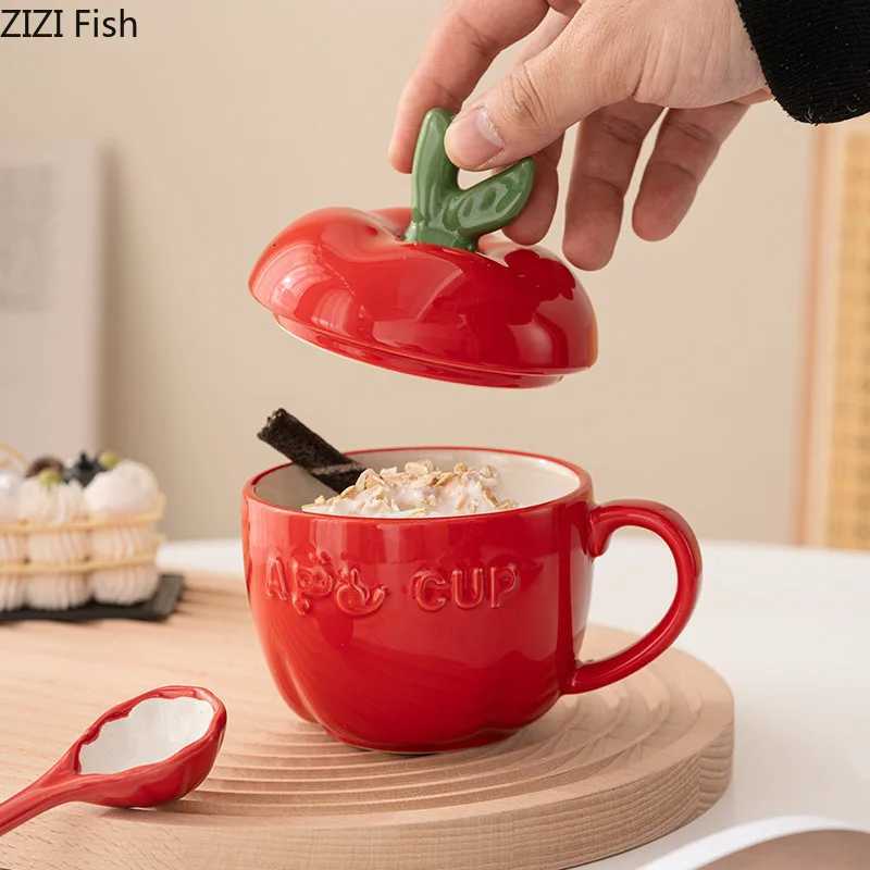 Christmas Ceramic Mug Cartoon Apple Fruit Shape Cover Band Tomato Coffee Cup Childrens Breakfast Milk Mug Festivals Birthday Present Y251112