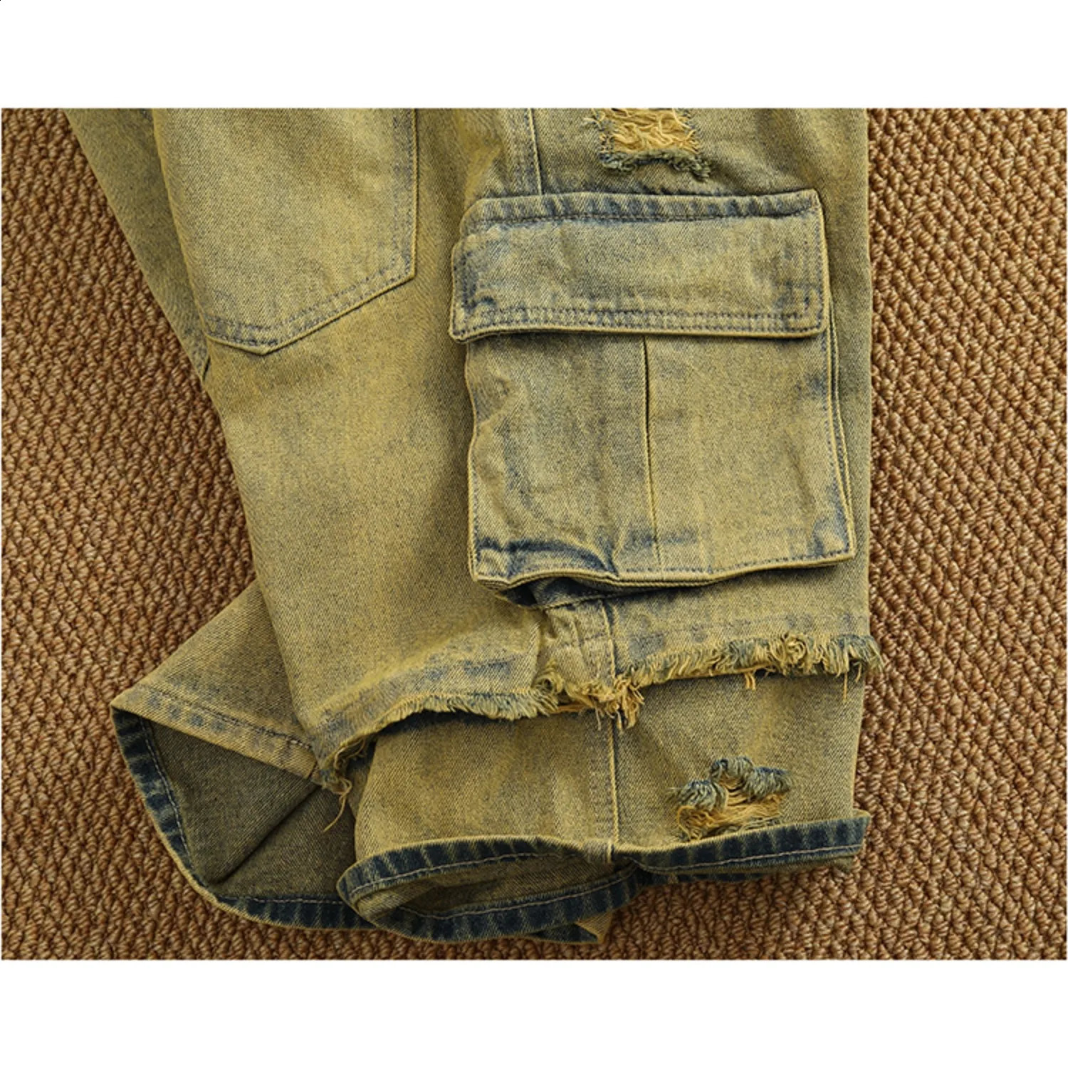 Personality Yellow stains old washed denim shorts mens summer pockets multi pocket cargo quarter pants 250411Z