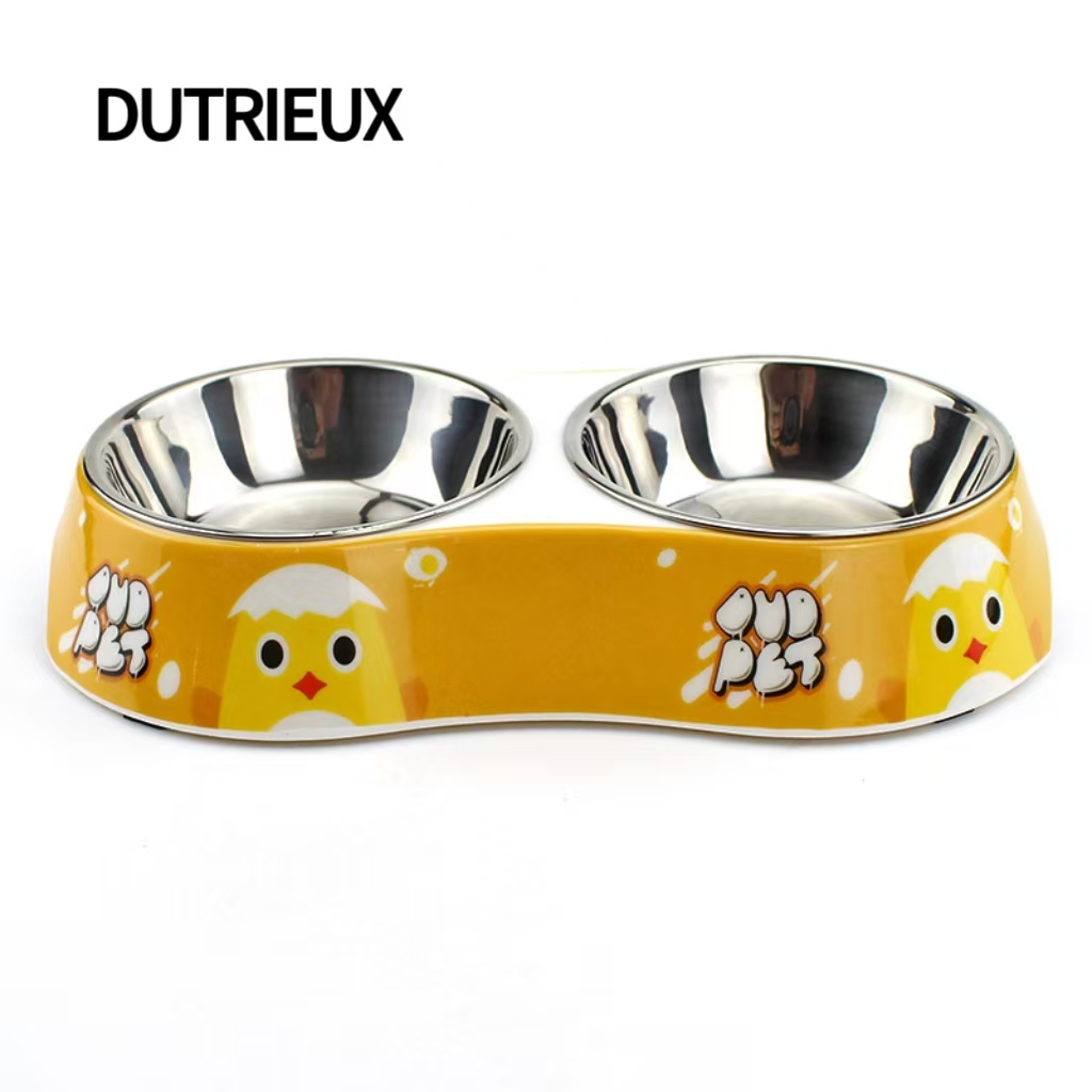 H1397 Wholesale pet bowl sets, stainless steel dog and cat bowls (pair), non-slip base with cartoon print, food and water bowl combination.