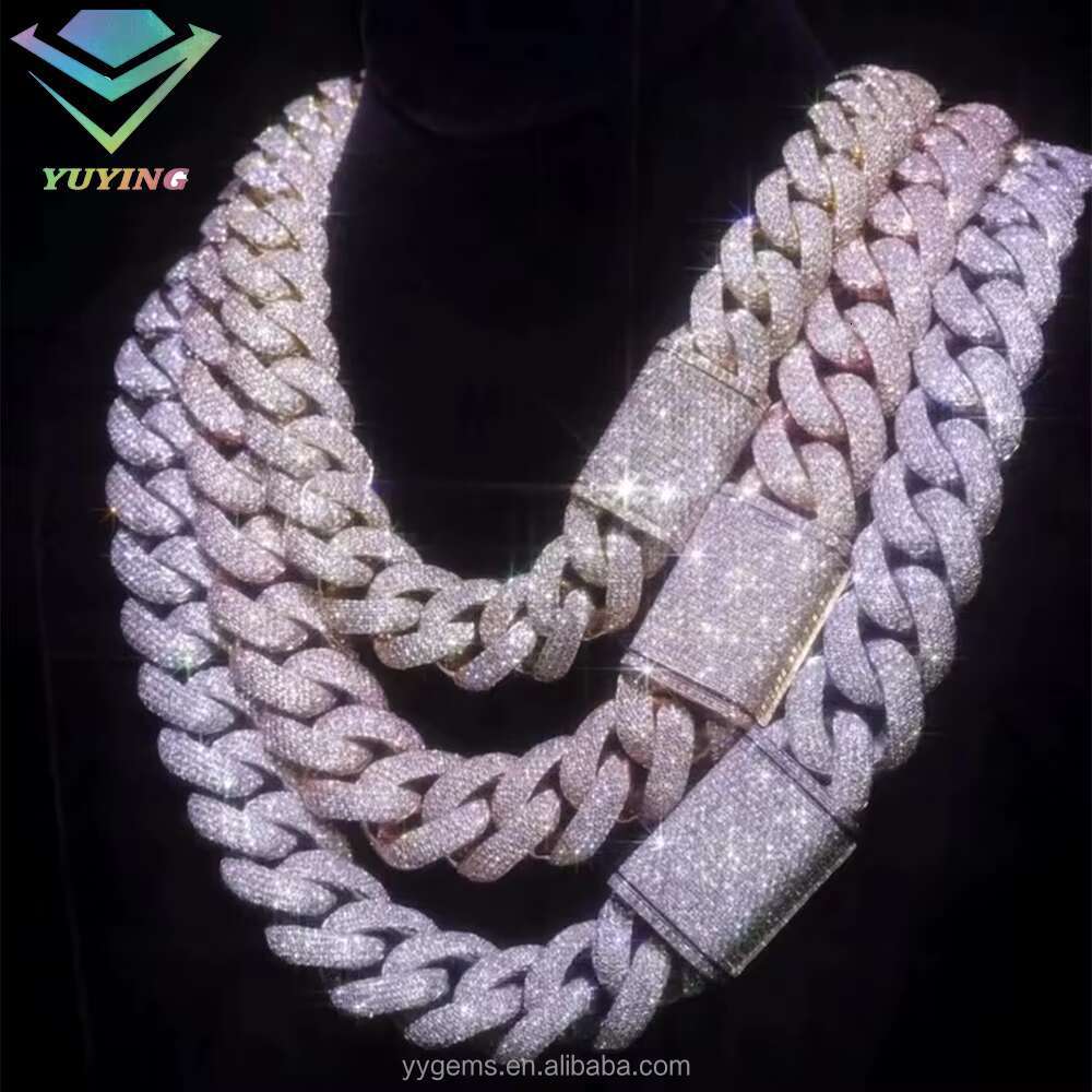 Yu Ying Custom 20mm Men Full Emerald Cut VVS Moissanite White Gold S925 Silver Cuban Link Chain Necklace Hip Hop Jewelry