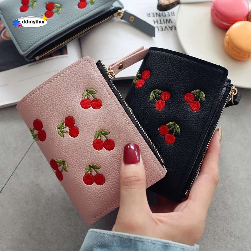 New Cherry Fruit Embroidery Women Purse Wallets Fashion Simple Students Small PU Leather Wallet Mini Card Holder Bags ddmythur