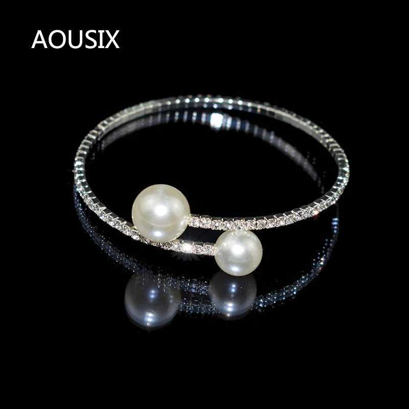 Elegant Crystal Imitation Pearl Open Bracelets for Women Gold Silver Plated Cuff Bangles necklace set Pulseras Mujer JewelryC250411