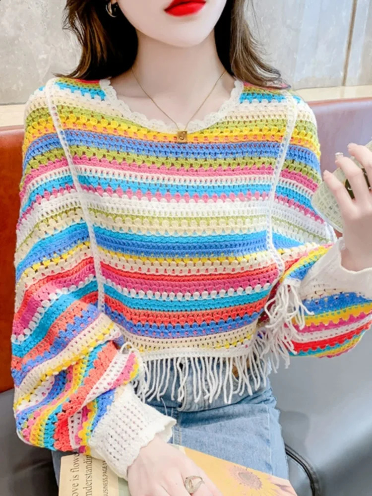 #3266 Summer Knitted Pullover Sweater Women Thin Batwing Sleeve Loose Sexy Striped Short Knitwear Pullover Tassels Hollow Out 250411