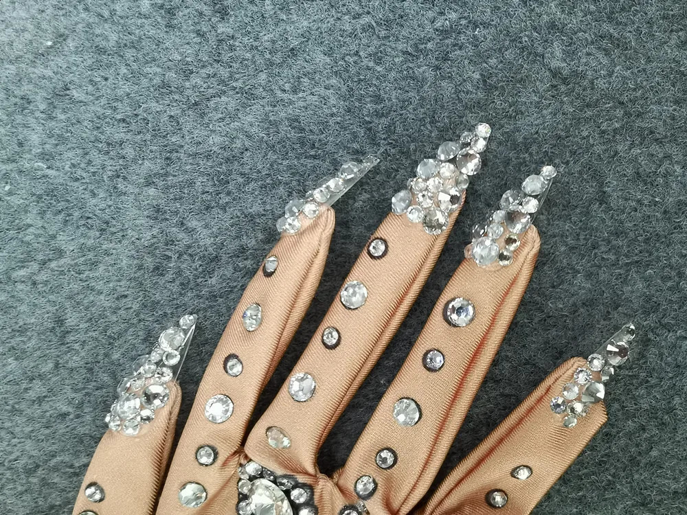 Fashion Party Rhinestone Gloves Women Skin Nude Color Ruffles Crystal Prom Wedding Long Gloves Dancer Singer Stage Accessories 250408