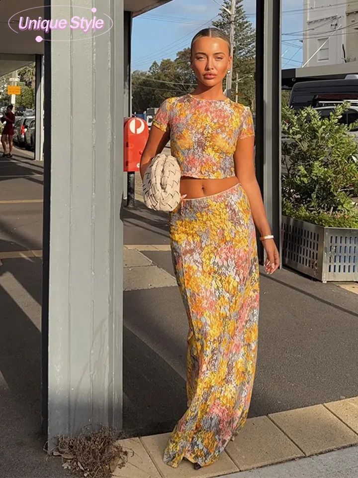 Women Sexy Lace Printed See Through Vest Sets Fashion High Waist Slim Fit Long Skirt Set Lady Spring Beach Party Outfit 2025 250411
