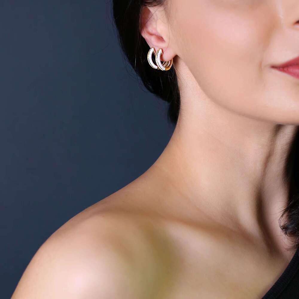 White Enamel Design Shiny Zircon Stone Hoop Earrings Turkish Handcrafted Wholesale Sterg Sier Jewelry