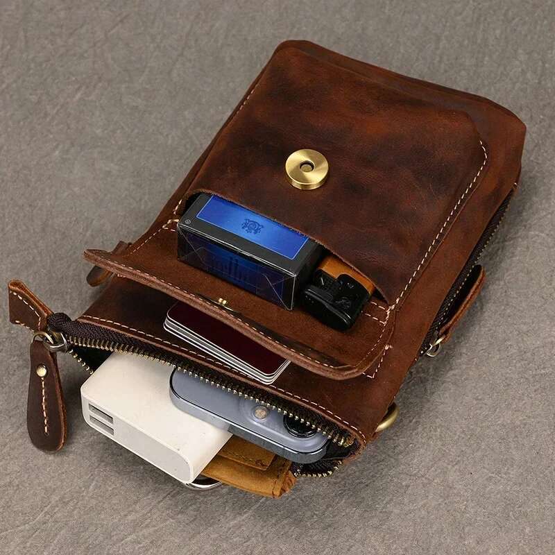 Retro Men's Hip Bum Bags Clip Buckle Waist Packs Zip Small Mini Fanny Pack Genuine Leather Cowhide Man Belt Pouch