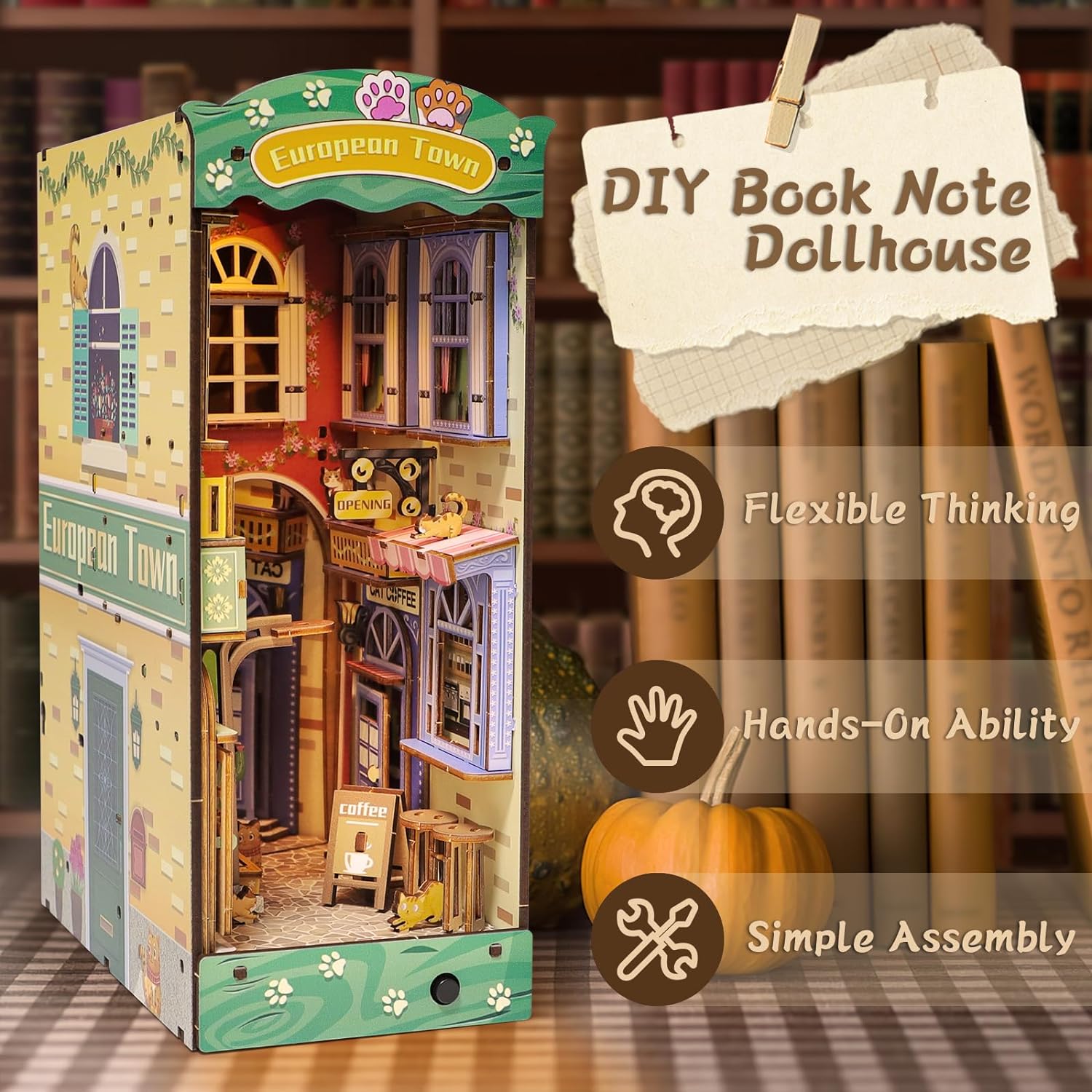 Cat Street Gallery DIY Assembled Bookend, Exquisite Cat-Themed Dollhouse with Light Effect, Creative Bookshelf Decoration & Puzzle Craft-L0314P
