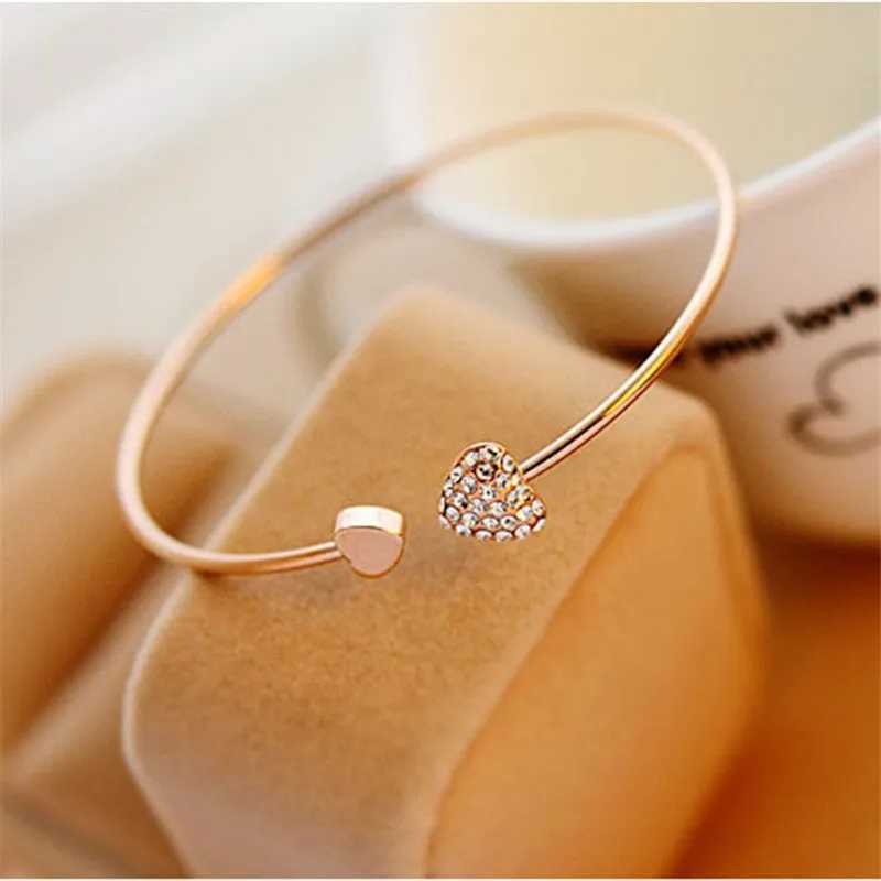 2019 Hot New Fashion Adjustable Crystal Double Heart Bow Bilezik Cuff Opening Bracelet For Women Jewelry Gift Mujer PulserasC250411