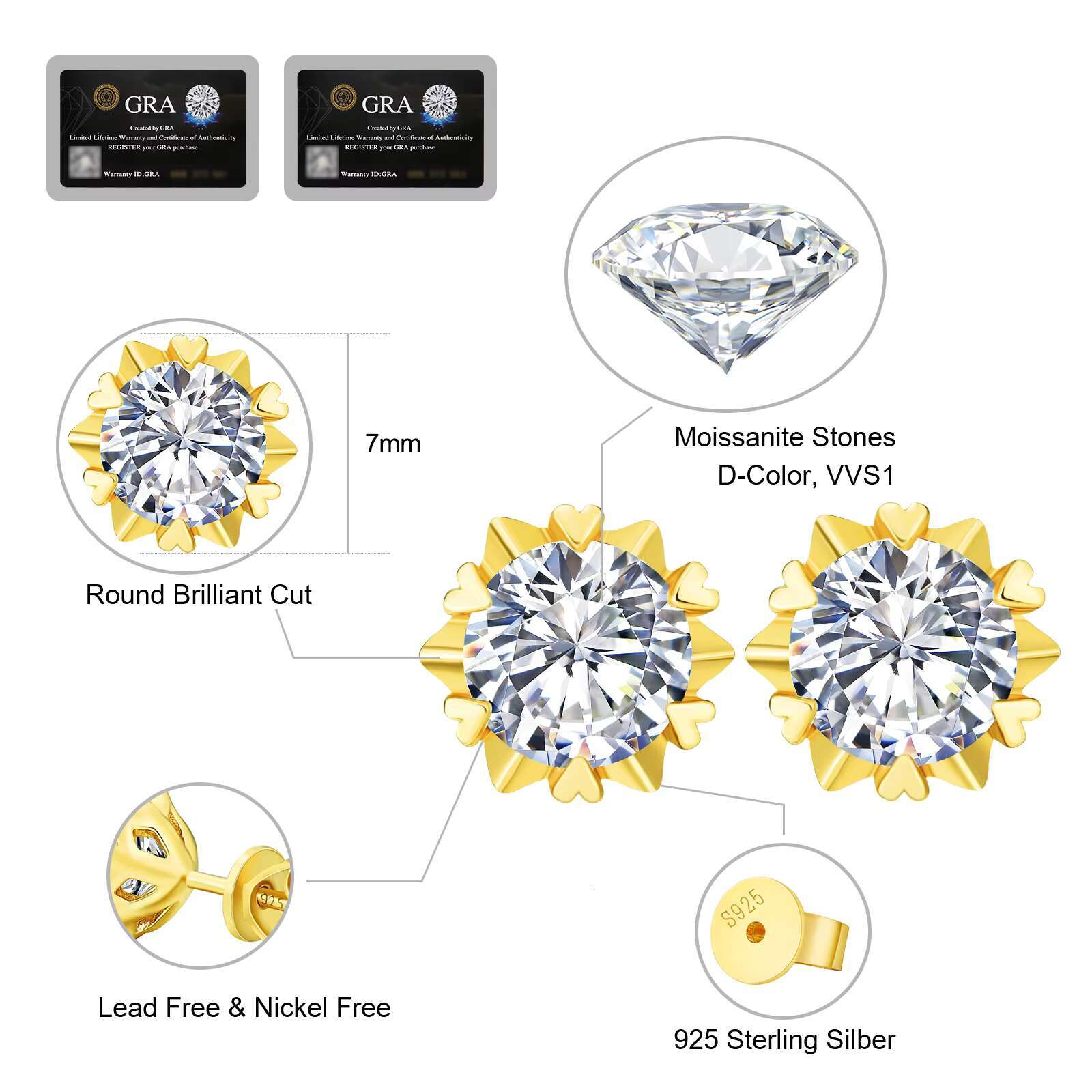 KRKC Party Earrings Women Stud Earrings with Stones 925 Sterling Silver Gold Plated Stud Earrings