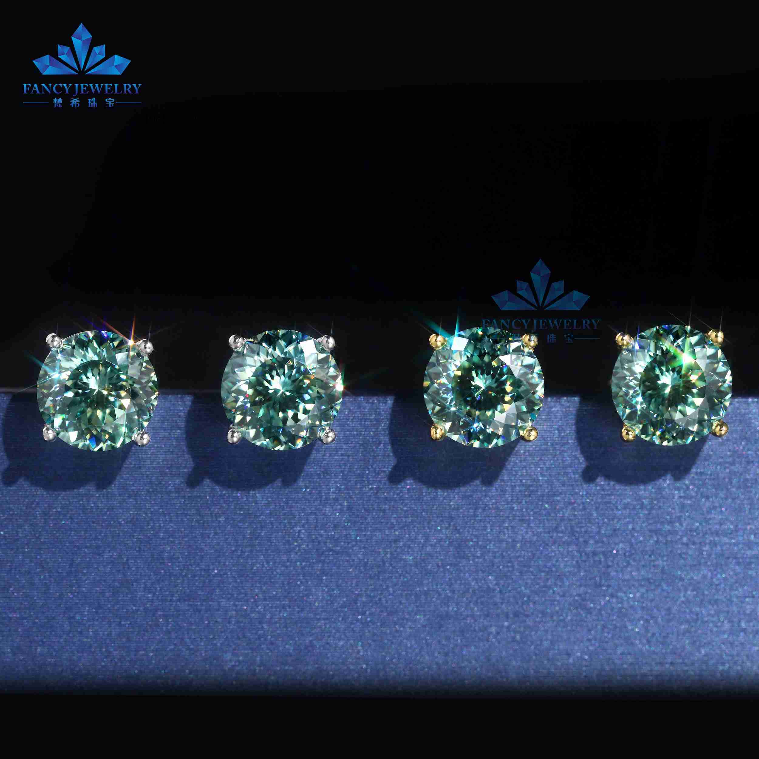 Professional Technology 925 Sterling Silver Stud Earrings 8mm Moissanite with Round Portuguese Cut Blue-Green Fine Jewelry