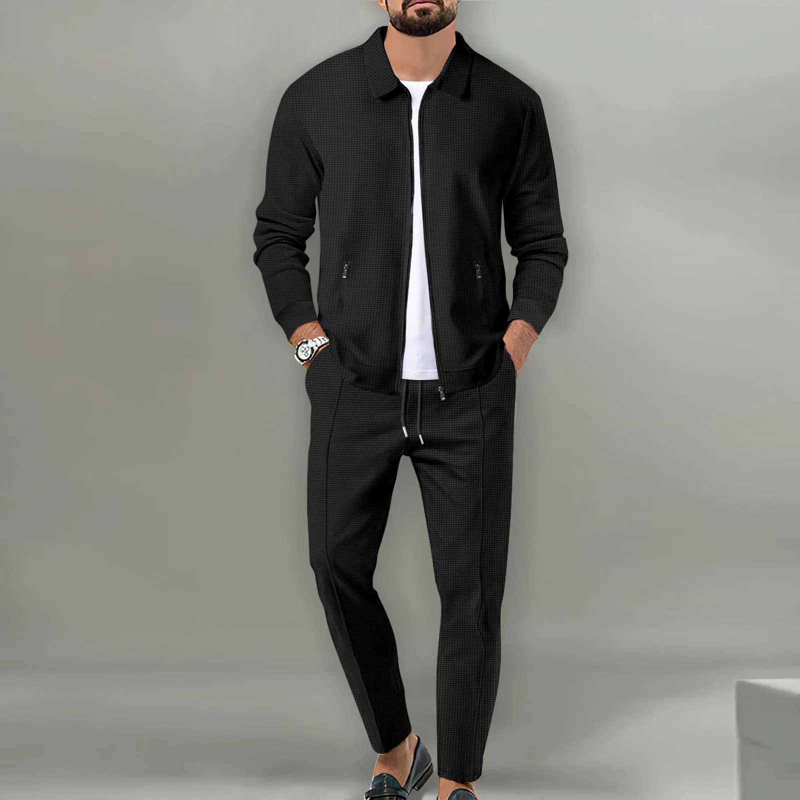 New mens jacket polo shirt 2 sets long sleeved casual fashion commercial breathable lapel pants drawstring solid color mens 2 setsXJ250412