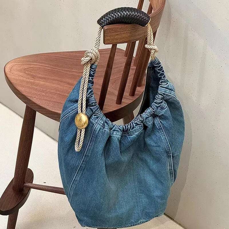 Drawstring Bucket Bags For Women Designer Handbags Purses 2024 New In Fashion Denim Large Capacity Pleated Shoulder Tote