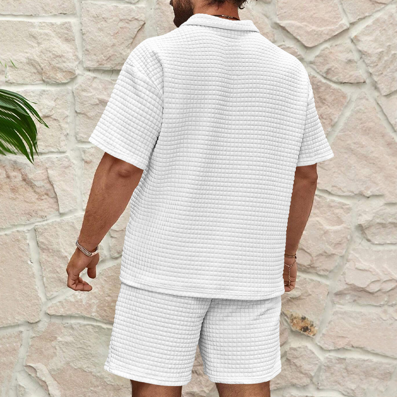 New Summer Men's Shorts Set Short Sleeve Zipper 2 Piece Sets for men Clothes Roupas Plaid Pants Outfits Loose Casual Fashion Suit