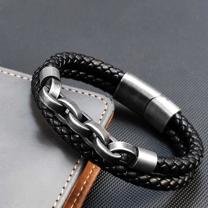 2025 Fashion Multi layered Stainless Steel Charm Viking Leather Bracelet Mens Woven Bracelet Punk Jewelry Homme AccessoriesC250411