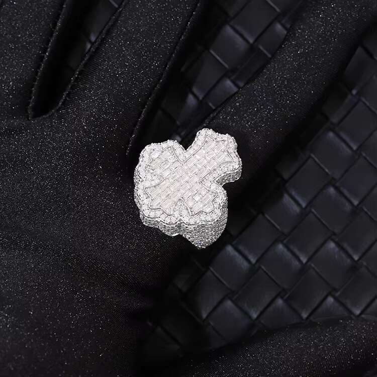 Hot Popular Hip Hop Cross Ring Fine Jewelry S925 Sterling Silver Ring for Men VVS Baguette Moissanite Cross Cuban Ring