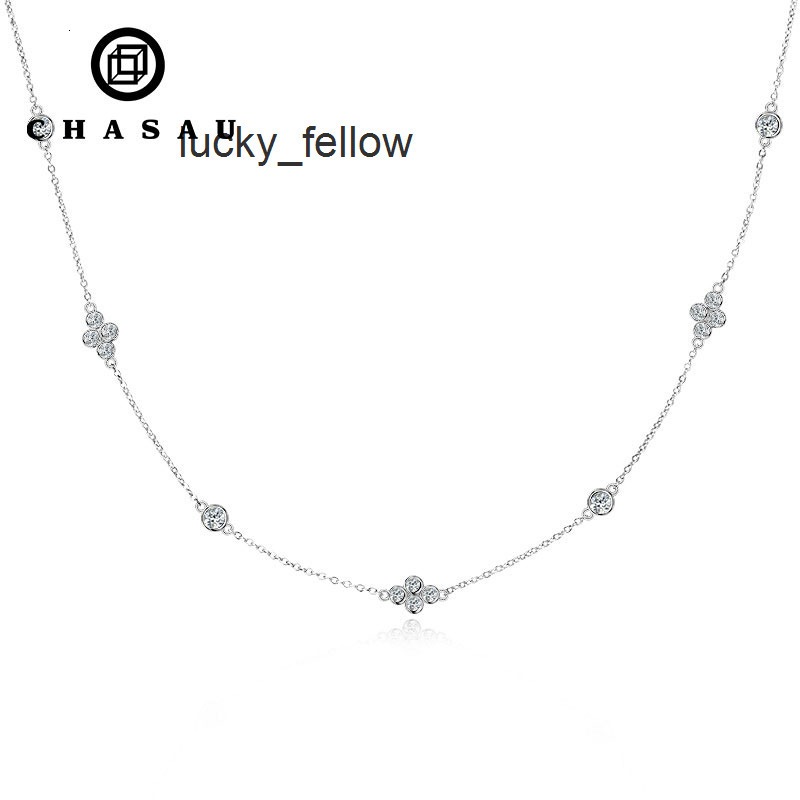 2024 New Trendy 925 Sterling Silver 3mm 2mm Round Cut Moissanite Stone Four Leaf Clover Choker Necklace for Women