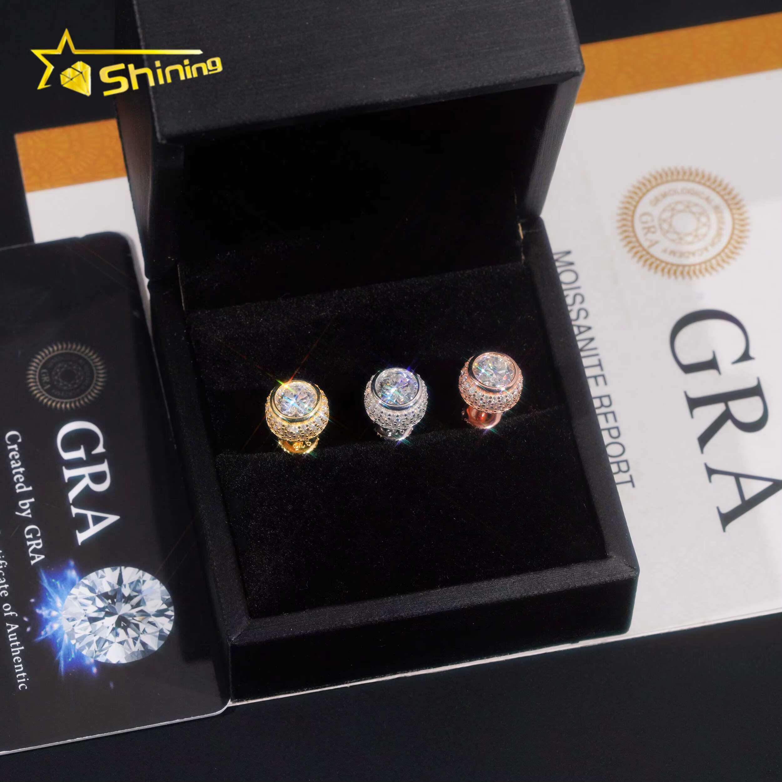 Ready to Ship Men Hip Hop Jewelry 925 Sterling Silver Gold Plated Iced Out Moissanite Men Stud Earrings With GRA