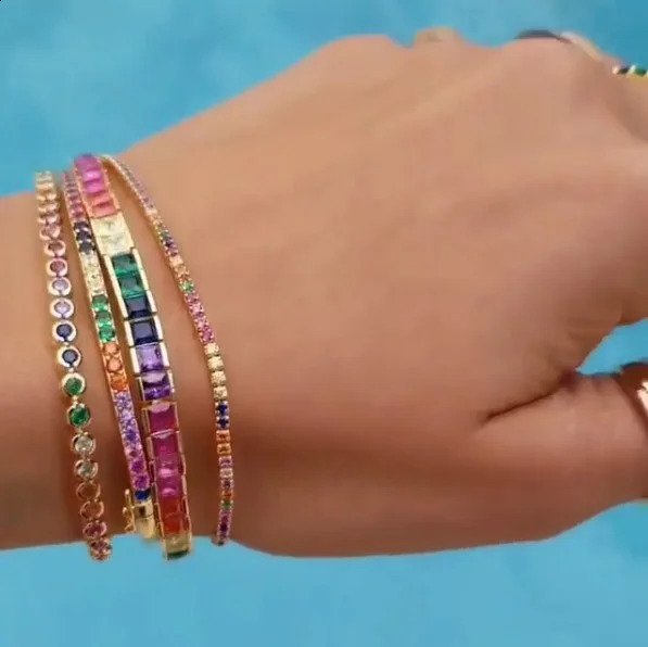 Fashionable and shiny CZ fine fashion bracelet rainbow colored square CZ tennis chain womens fashion bracelet 17cm 250409