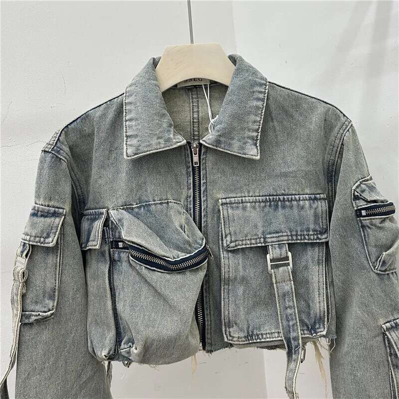DEAT Women's Denim Jackets Multiple Pockets Burrs Edge Female High Waist Short Cargo Coat 2025 Summer New Fashion 29A1101