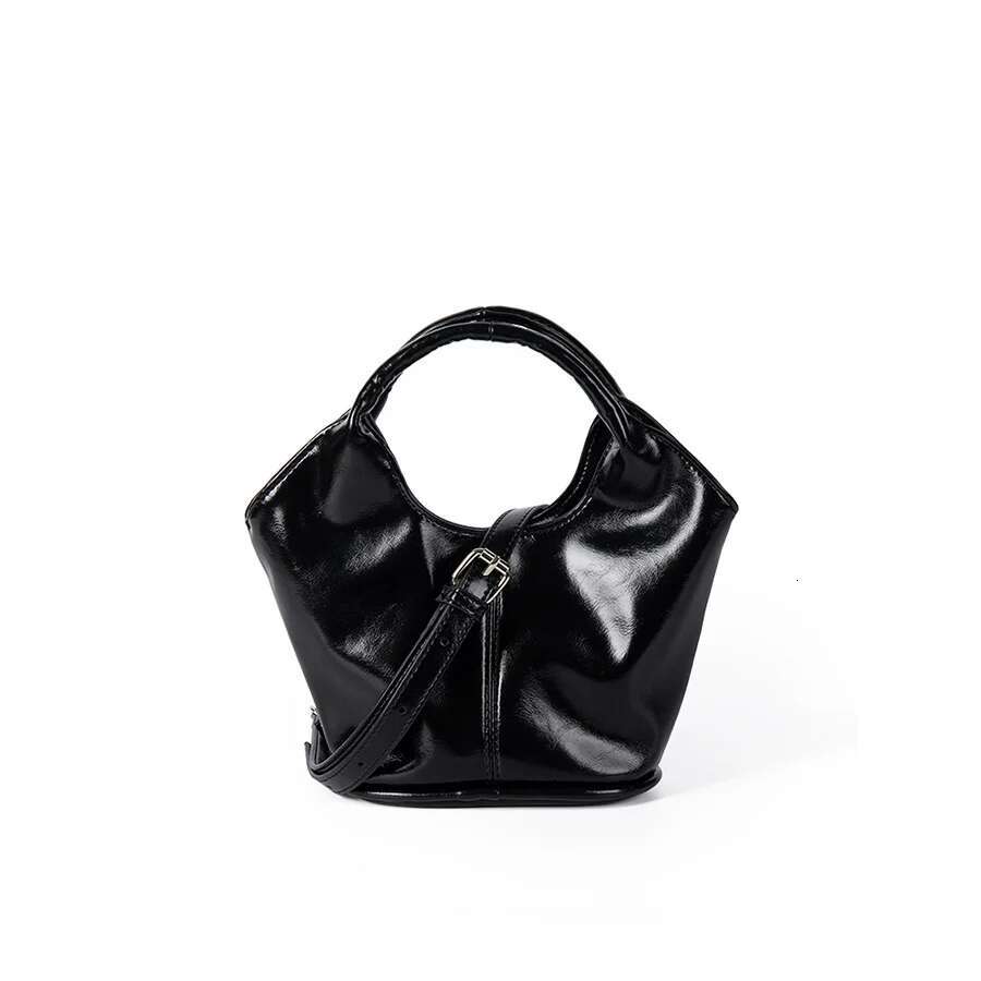 Fashion Basket Tote Black Women's Handbags Retro Commuter Shoulder Crossbody Pu Leather Fan-Shaped Bucket Bag Sac A Main