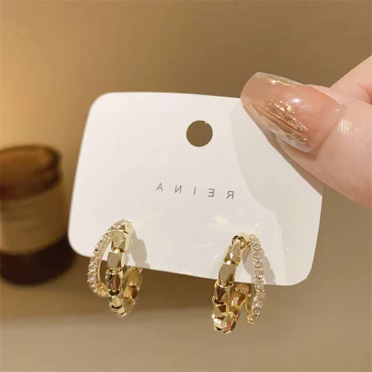 Korea Fashion Double Circle Cube Alloy Zircon Crystal Fancy Stud Earrings for Women Girls Jewelry
