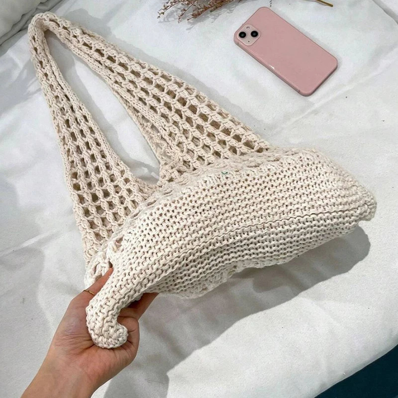 Fashion Crochet Bags for Women Summer Beach Tote Bag Aesthetic Handbag Bohemian Woven Knit Shoulder Bag 251112