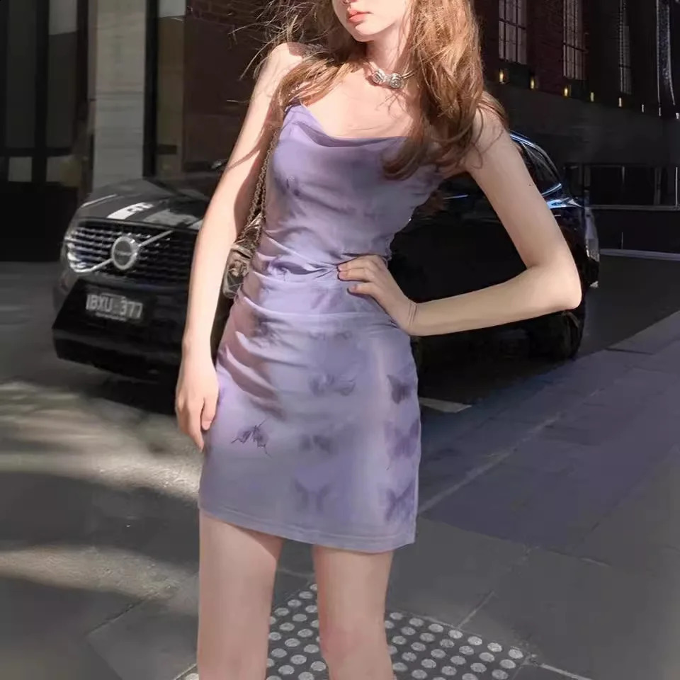 Womens French Purple Flower spaghetti Strap Dress 2025 SpringSummer Beach Vacation ShortsLong Ultra Thin Fit 250411