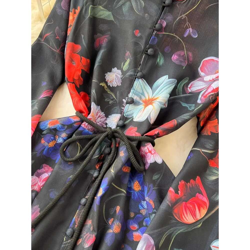 Autumn Bohemian wer Robe Dress Women's en Clothing Stand Collar Long Lantern Sleeve Lace Up Buttons Print Maxi Vestidos