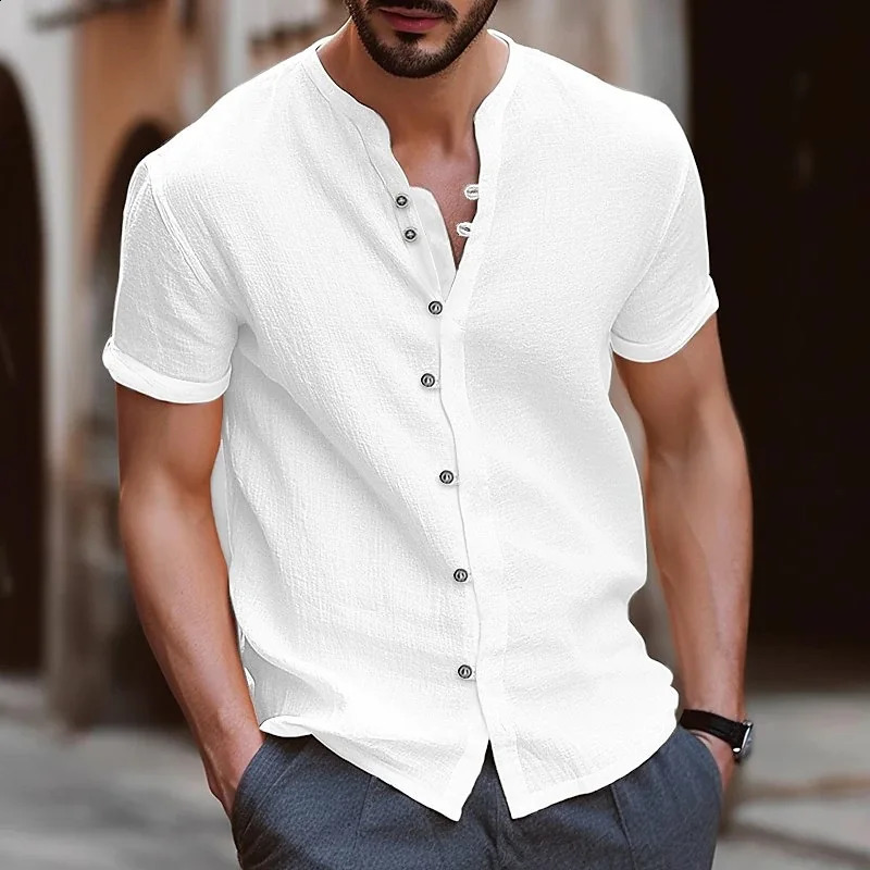 Mens Short Sleeve Tshirt V neck button Cotton Linen Shirt Mens Casual Clothes Tops for Men 250411