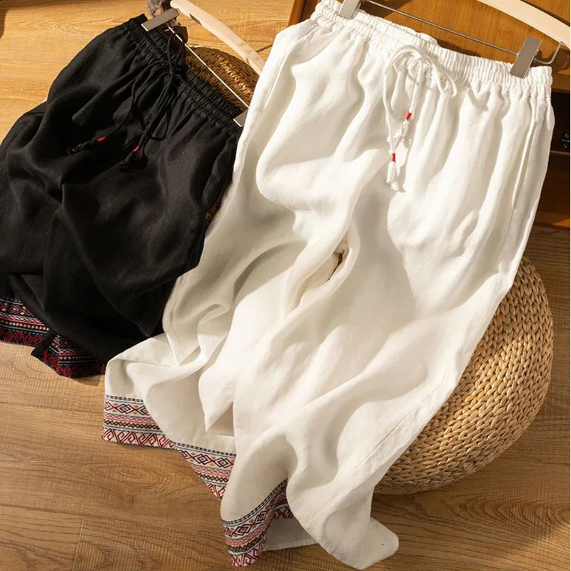 Embroidery Solid Casual Elastic High Waist Cotton Linen Womens Pants Korean Fashion Wide Leg Full-Length Pants For Women 250411