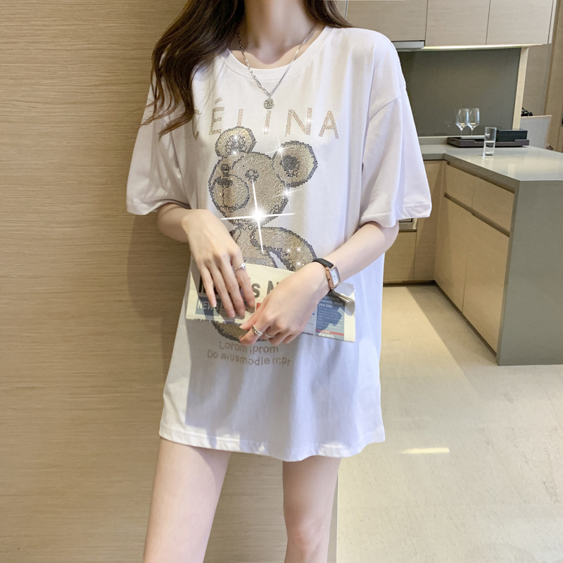 Designer Women's Hot Diamond T-shirt Summer Bear Pattern Black Women's Short Sleeve Combed Cotton Loose Medium To Long Version Instagram Fas