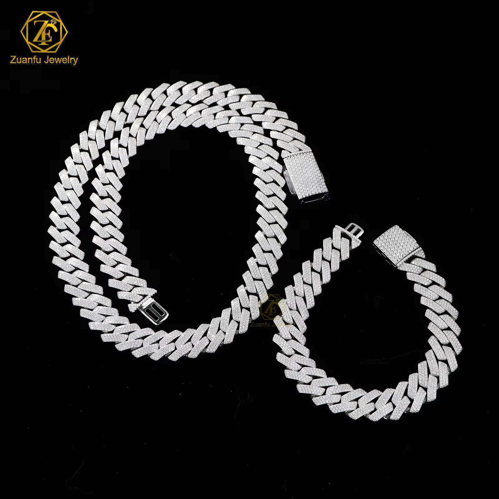 3 Rows15mm Cuban Link Chain Bracelet Iced Out 925 Silver Hiphop Round D VVS Diamond Moissanite Cuban Link Chain Necklace
