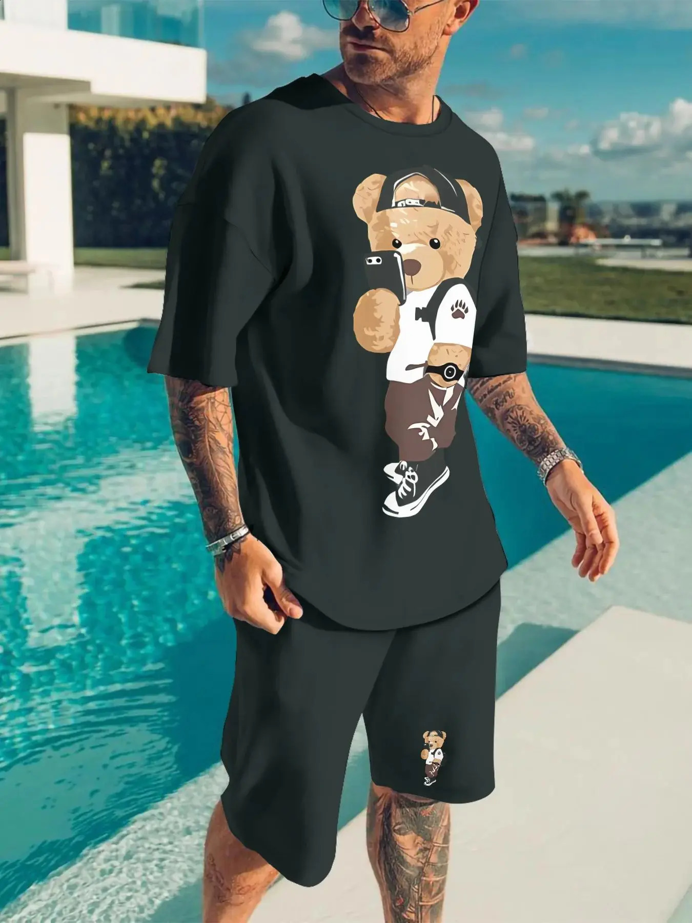 2025 2-piece set of 3D cartoon rabbit print mens T-shirt shorts set summer casual daily short sleeved top outdoor street sports 250407