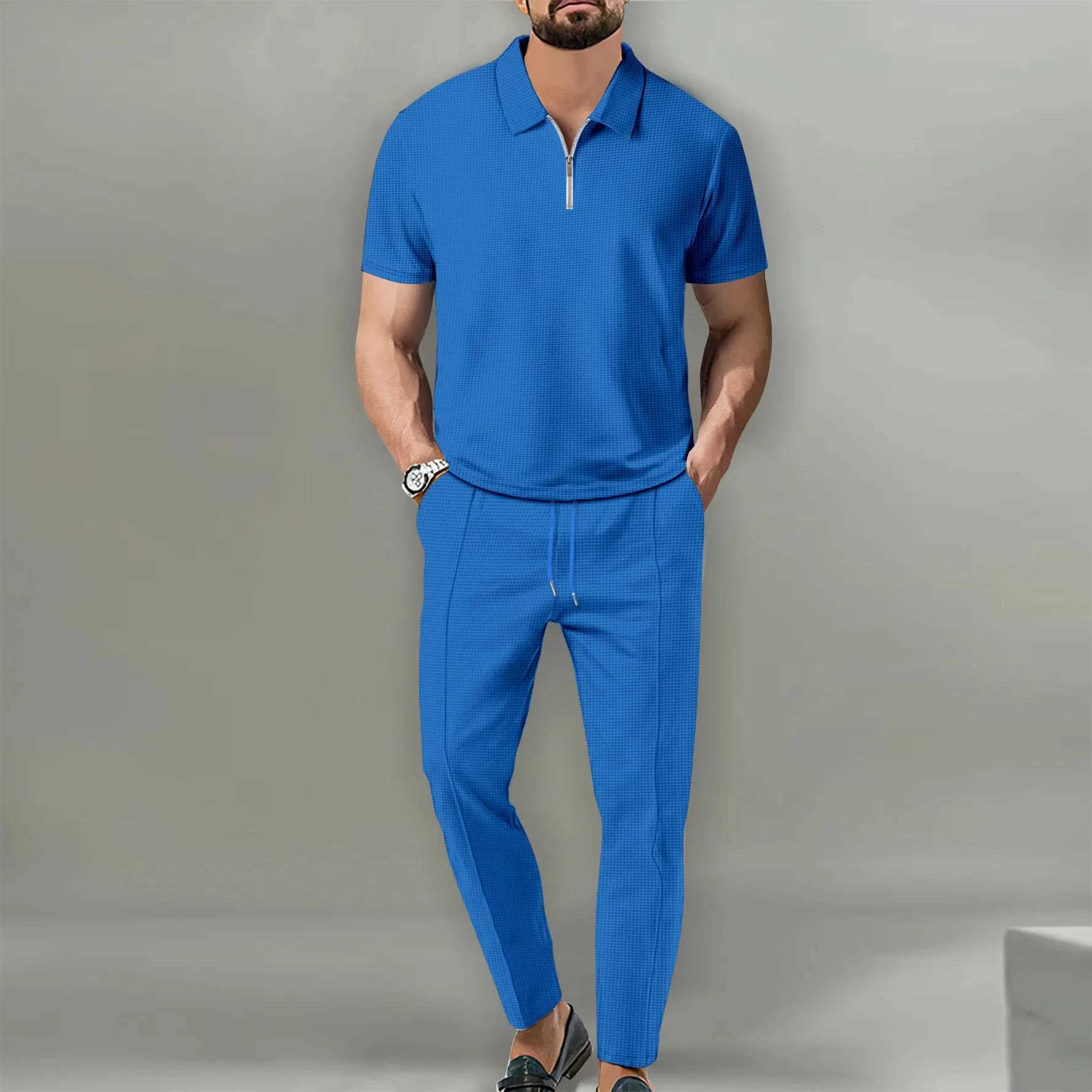 Spring 2024 New European and American Foreign Trade Mens Solid Color Set Waffle Neck Short Sleeve Zipper Pants SetXJ250412